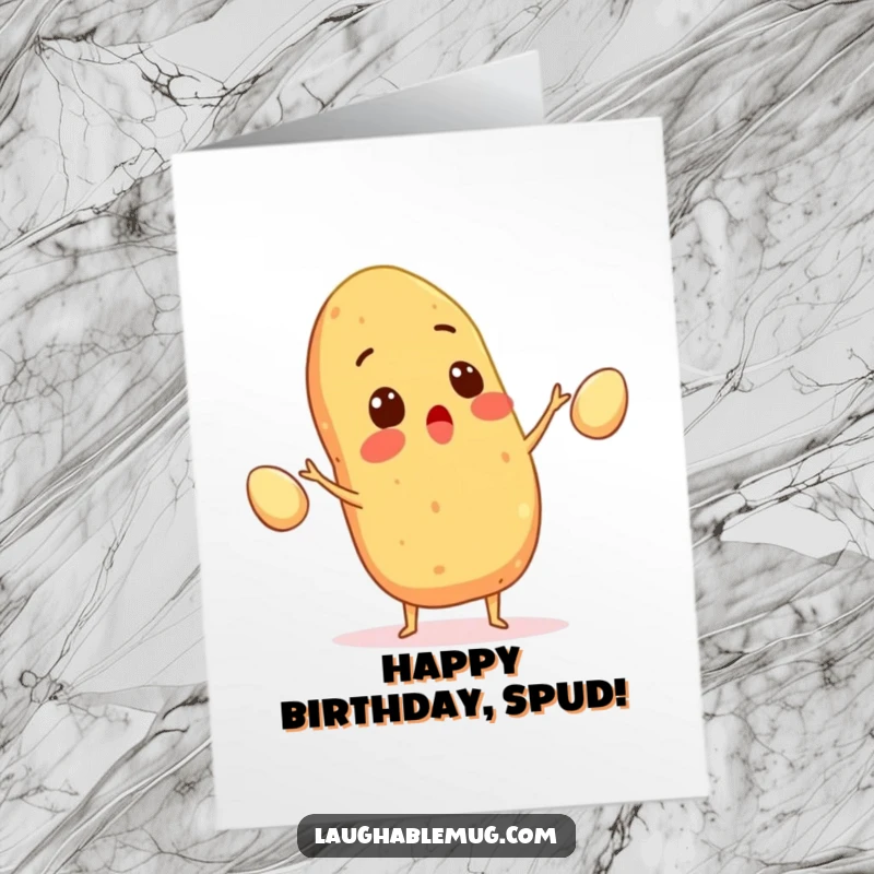 Funny Free Printable Birthday Card: Surprised potato juggling eggs, energetic and humorous, great for birthday wishes.