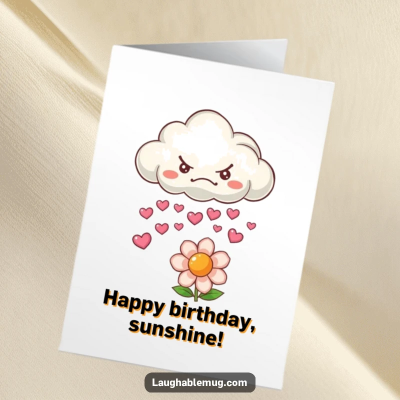 Free Printable Birthday Card: A grumpy cloud showers tiny smiling hearts onto a happy flower, sending sweet birthday wishes from an unexpected source.