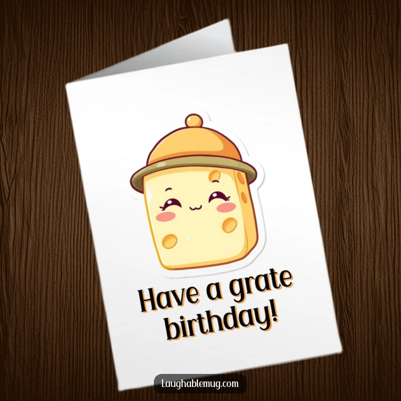 Funny Free Printable Birthday Card: A cheerful cheese slice sporting a tiny hat, wishing a happy birthday.