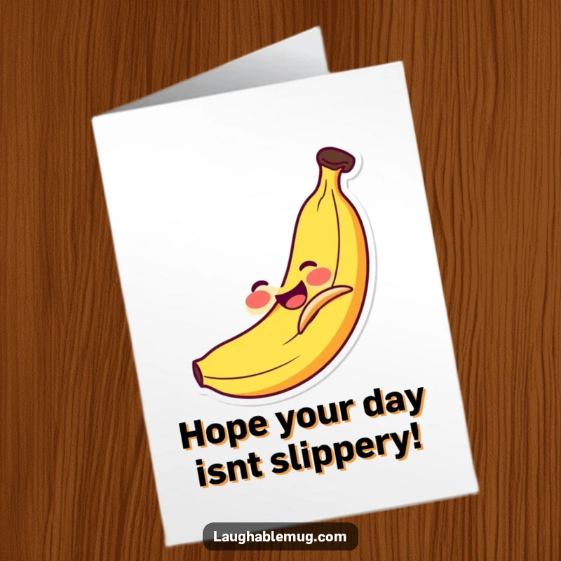Funny Free Printable Birthday Card: A smiling banana comically slipping and flailing on its own discarded yellow peel, pure slapstick.
