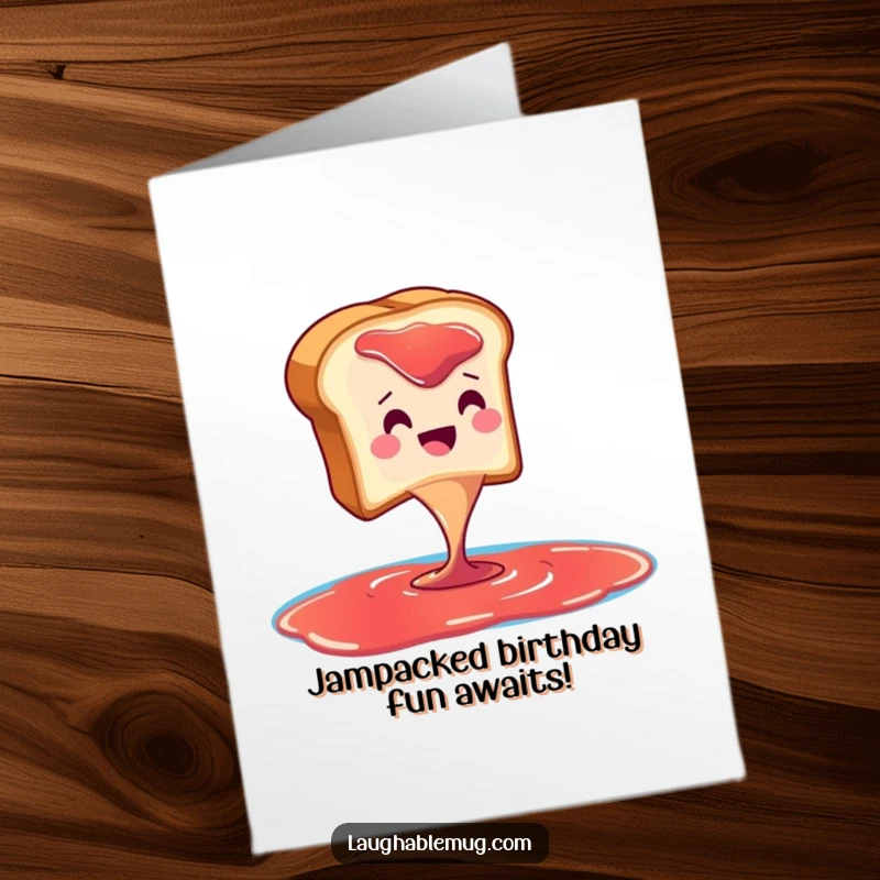 Funny Free Printable Birthday Card: Smiling toast dramatically diving into a jam pool, a hilarious breakfast-themed DIY gift.