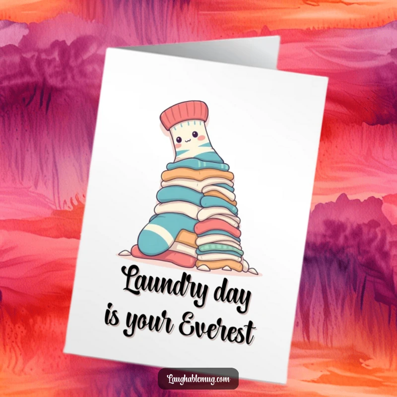 Funny free printable birthday card: A brave sock attempts to climb a massive laundry pile, looking determined. DIY gift idea.