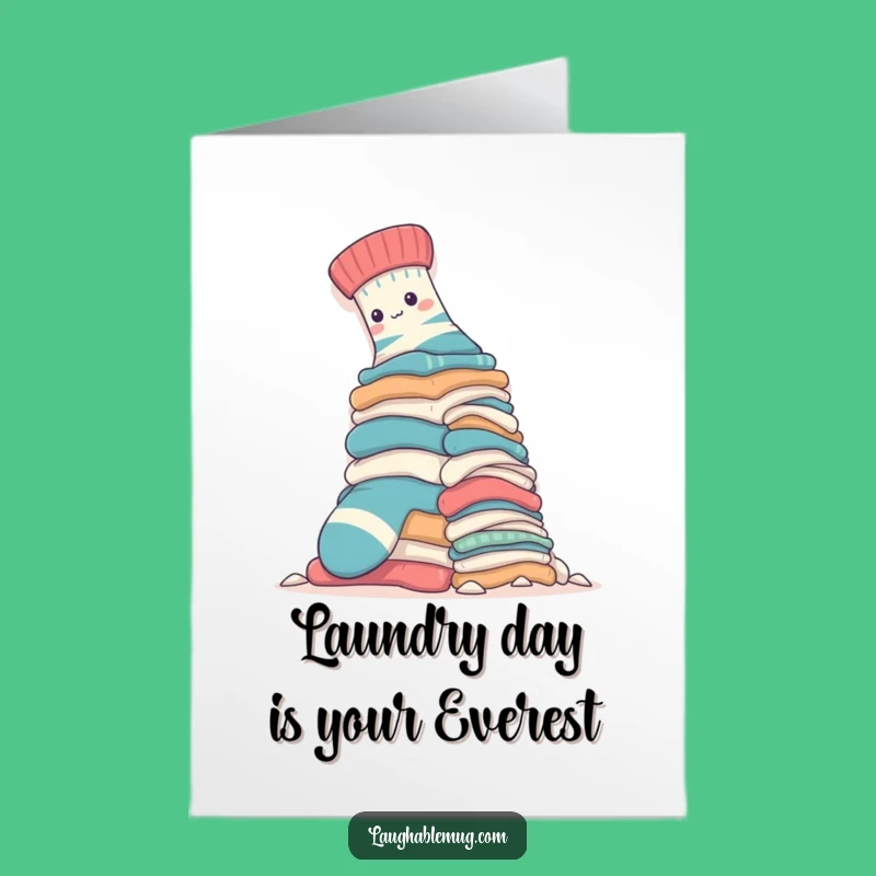 Free Printable Birthday Card: Funny Sock Climbing Laundry Mountain - Downloadable Gift
