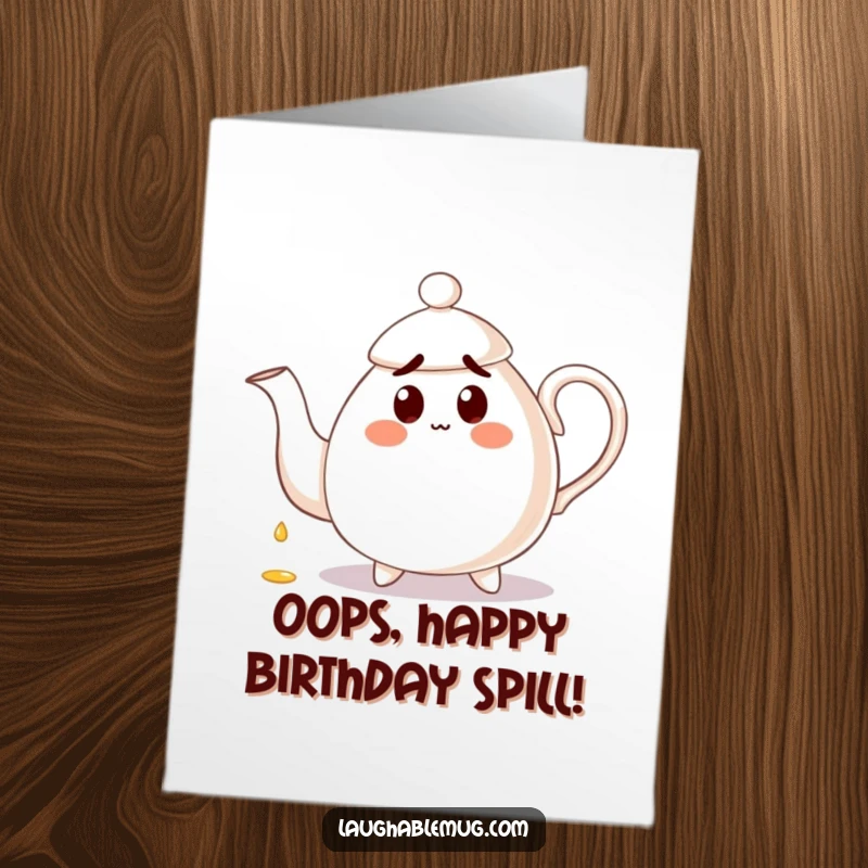 Funny free printable birthday card: A teapot comically pours tea onto its own handle, looking shocked. Humorous DIY gift.