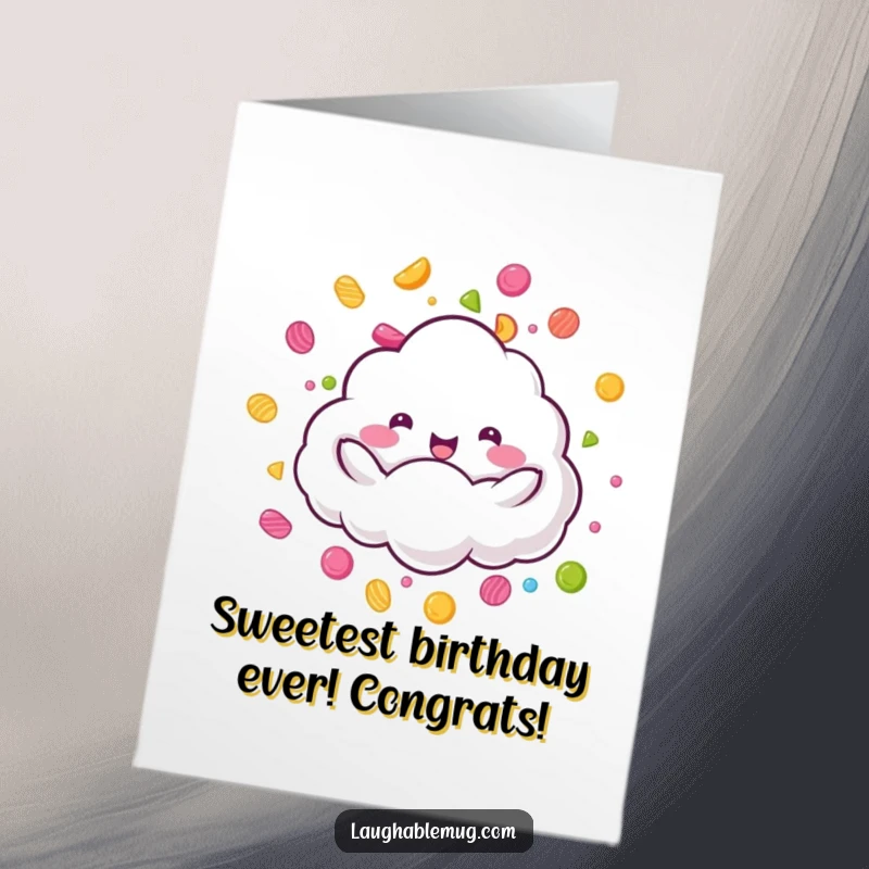 Whimsical Free Printable Birthday Card: A fluffy cloud joyfully rains colorful candy, spreading birthday cheer.