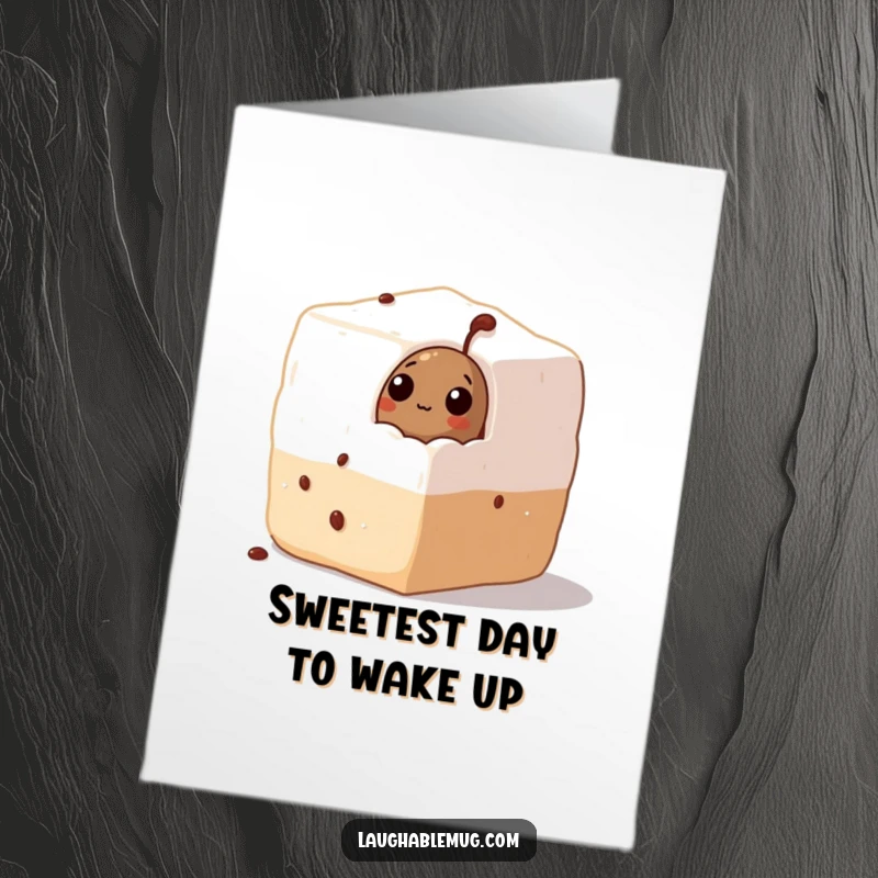 Funny free printable birthday card: A curious coffee bean peeks from a huge sugar cube, ready for a sweet surprise. Downloadable.