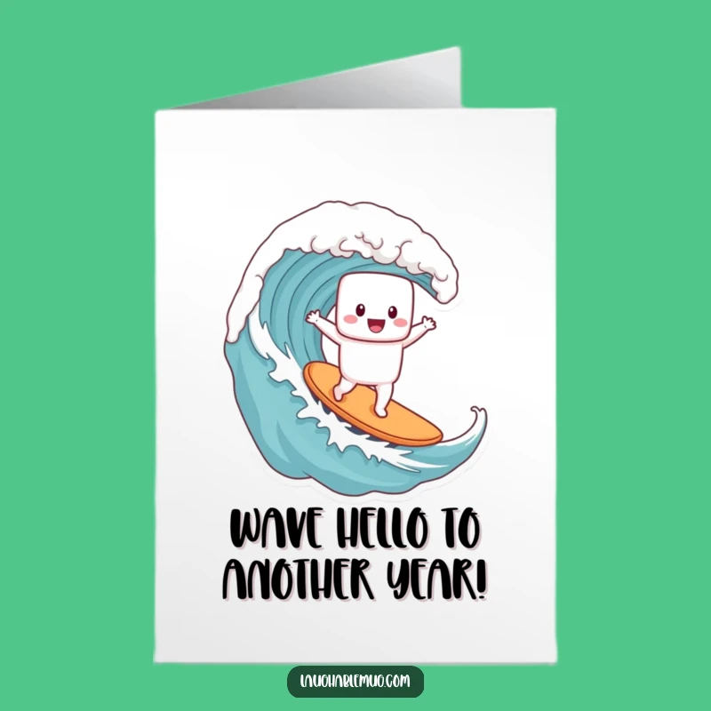 Free Printable Birthday Card: Funny Marshmallow Surfer Coffee Mug Wave Downloadable Gift