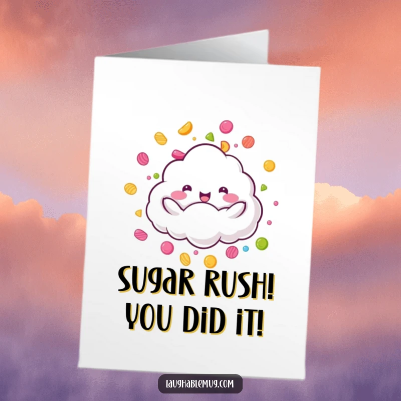 Whimsical Free Printable Congratulations Card: A happy cloud rains colorful candy, celebrating sweet success.