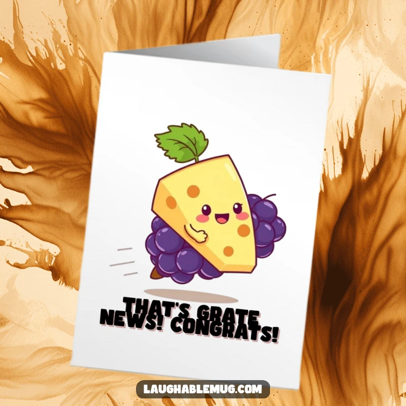 Funny Free Printable Congratulations Card: Playful cheese slice rides a runaway grape, celebrating success with chaos, a unique downloadable gift.