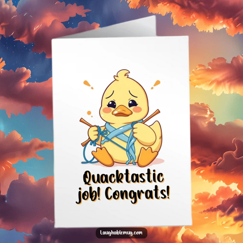 Funny Free Printable Congrats Card: A bewildered rubber duck attempting to knit, looking completely perplexed by the yarn.