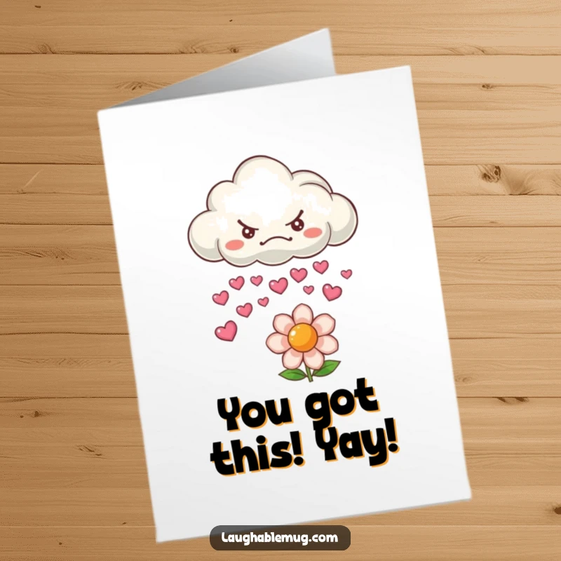 Free Printable Congratulations Card: A grumpy cloud rains smiling hearts onto a happy flower, symbolizing love and joy showering their success.