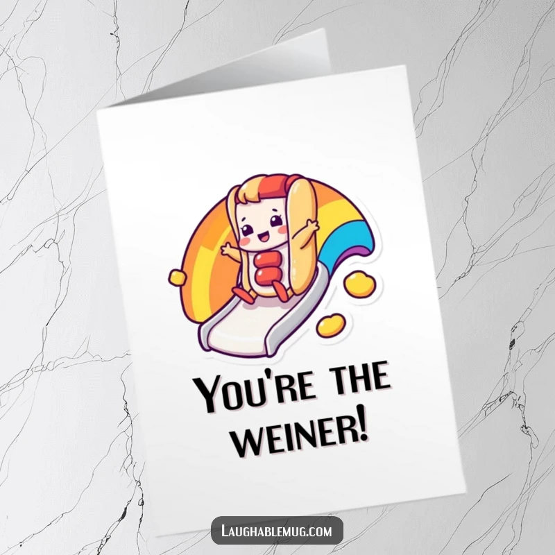 Funny Free Printable Congratulations Card: A happy hot dog character slides down a rainbow slide, celebrating a successful moment.