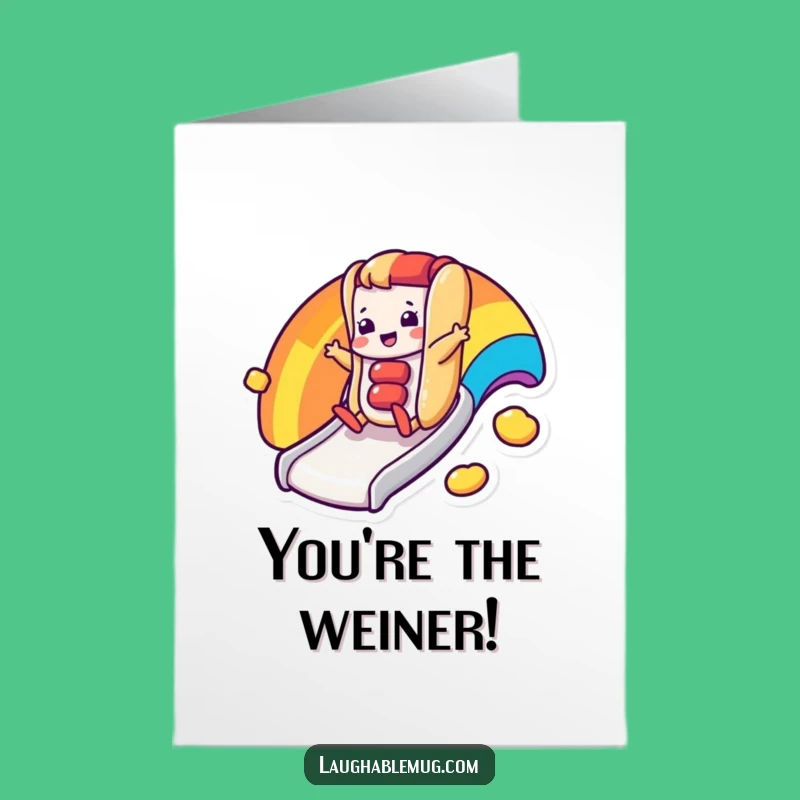 Free Printable Congrats Card: Hot Dog Character Celebrates Success with a Rainbow Slide, Print at Home