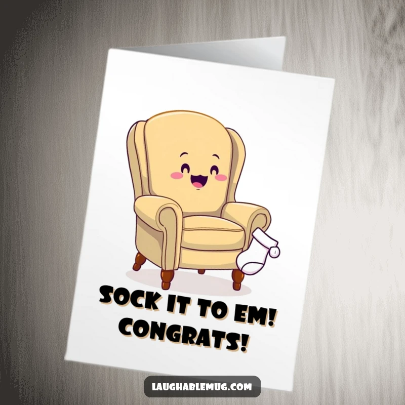 Funny free printable congratulations card: A determined armchair pursues a fleeing sock, celebrating their success with quirky humor.