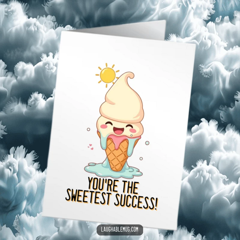 Funny Free Printable Congratulations Card: A melting ice cream cone laughs joyfully under the sun, celebrating a sweet success.