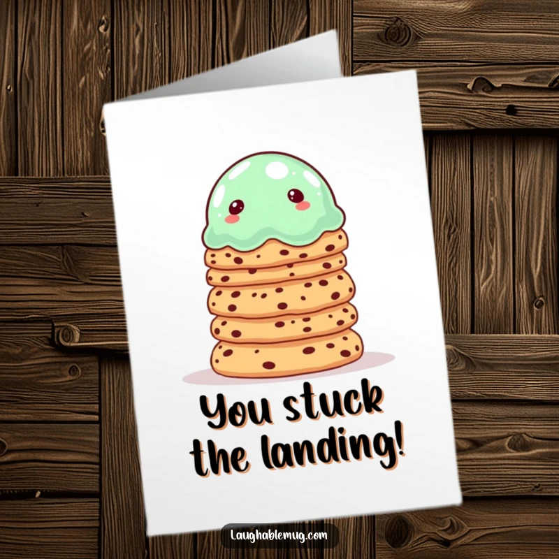 Funny Free Printable Congratulations Card: A wobbly jelly attempts to balance cookies, representing the comical, challenging journey to their amazing success.