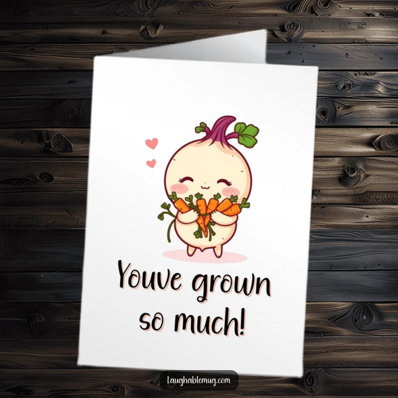 Funny Free Printable Congratulations Card: A shy turnip blushing, holding a small bouquet of carrots, celebrating a success with sweet surprise.