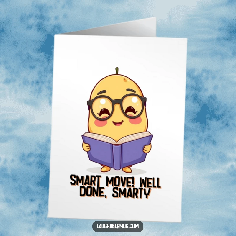 Funny Free Printable Congratulations Card showing a scholarly potato with spectacles raising a toast to success, a unique downloadable gift.
