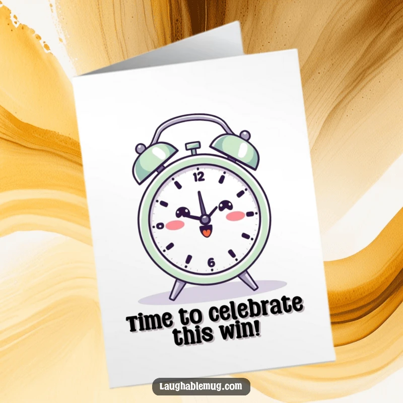 Funny free printable congratulations card with a beaming alarm clock attempting a yoga pose, a zen and downloadable gift.