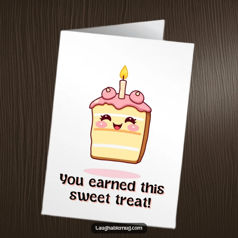 Funny Free Printable Congrats Card: A giggling cake slice balancing a candle on its nose, representing a fun, achieved 'trick'.