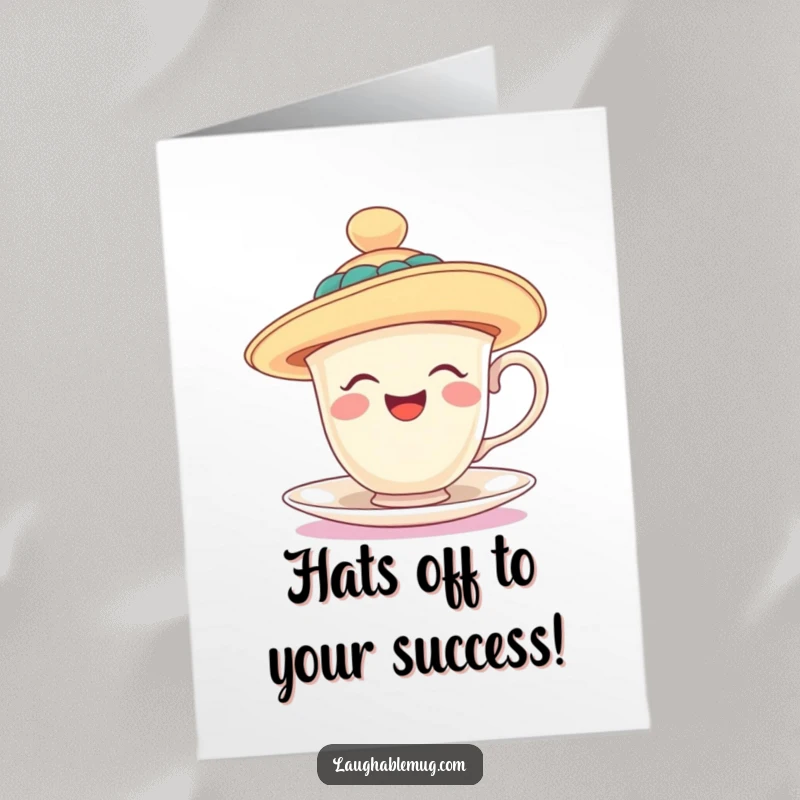 Funny Free Printable Congratulations Card: A laughing teacup wears an oversized floppy hat, celebrating achievements with a quirky charm.