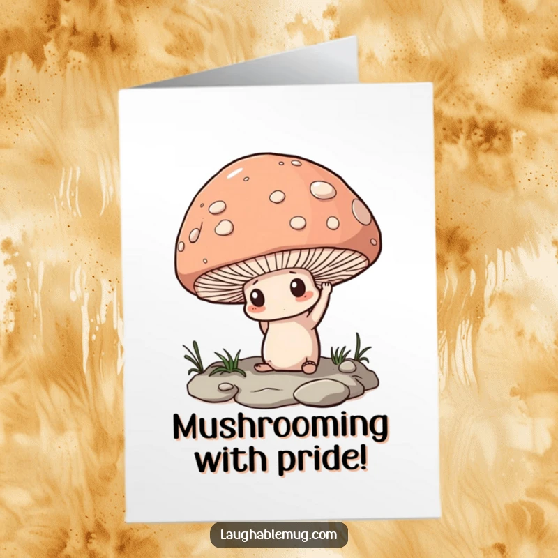 Funny Free Printable Congrats Card: A determined mushroom heroically trying to lift a huge pebble, symbolizing achievement.