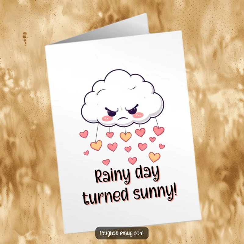 Funny free printable congratulations card showing a grumpy cloud raining happy little hearts, a sweet way to acknowledge achievements.