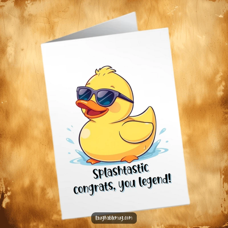 Funny Free Printable Congrats Card: Rubber ducky in sunglasses splashing, cool celebration, great job, downloadable art.
