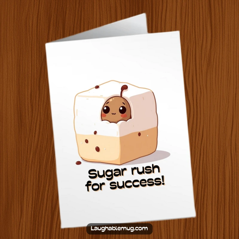 Funny free printable congratulations card: A small coffee bean curiously emerges from a massive sugar cube. Sweet success.