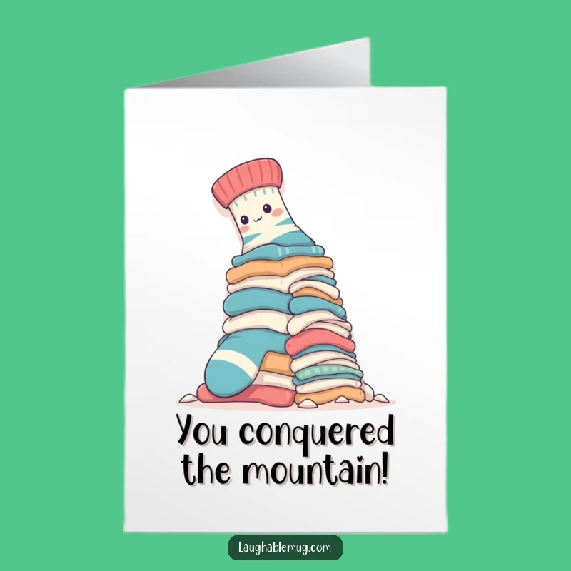 Free Printable Congrats Card: Sock Conquers Laundry Mountain - Humorous Downloadable Gift