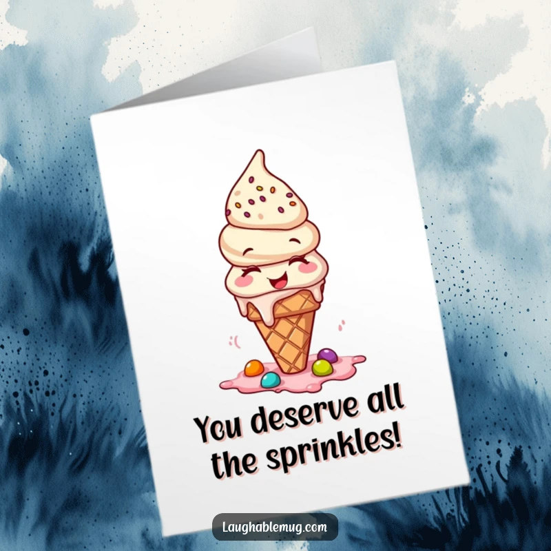 Free Printable Congratulations Card: A happy ice cream cone giggling uncontrollably, with toppings scattering.