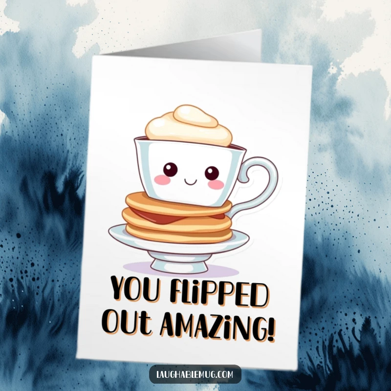 Funny free printable congratulations card with a cheerful teacup character balancing a stack of pancakes, celebrating achievement.