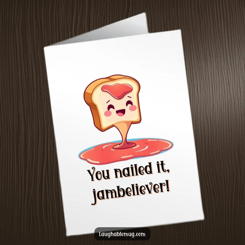Funny Free Printable Congratulations Card: Smiling toast diving into a jam pool, celebrating success with breakfast humor.