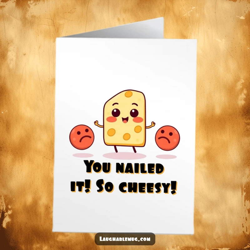 Funny Free Printable congratulations card with a cheese slice character juggling meatballs, symbolizing a successful achievement and celebration.