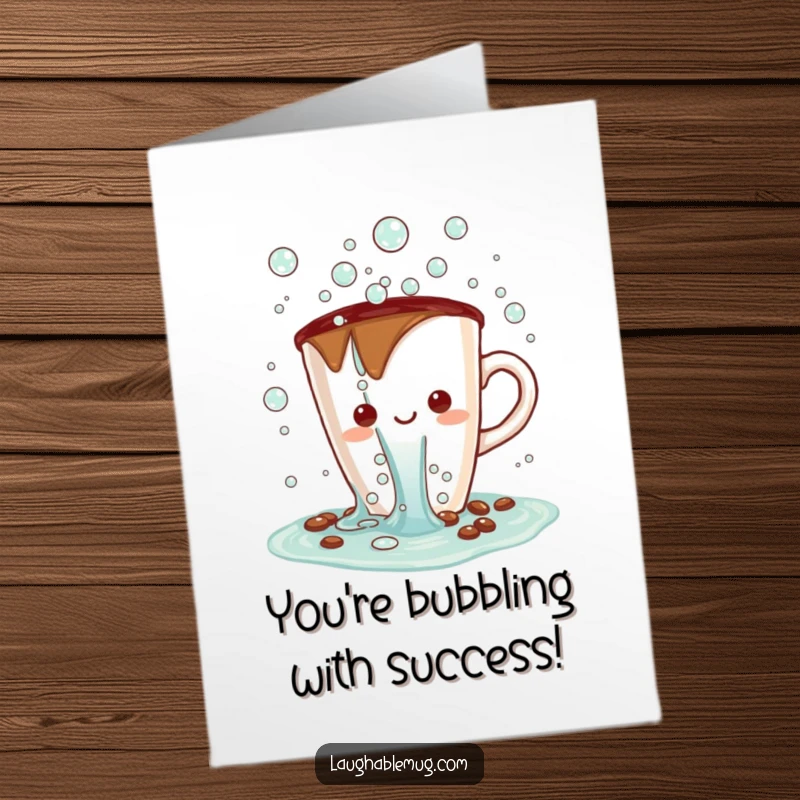 Funny free printable congratulations card: A Kawaii coffee cup character erupting with a waterfall of cheerful bubbles, celebrating a bubbly accomplishment.