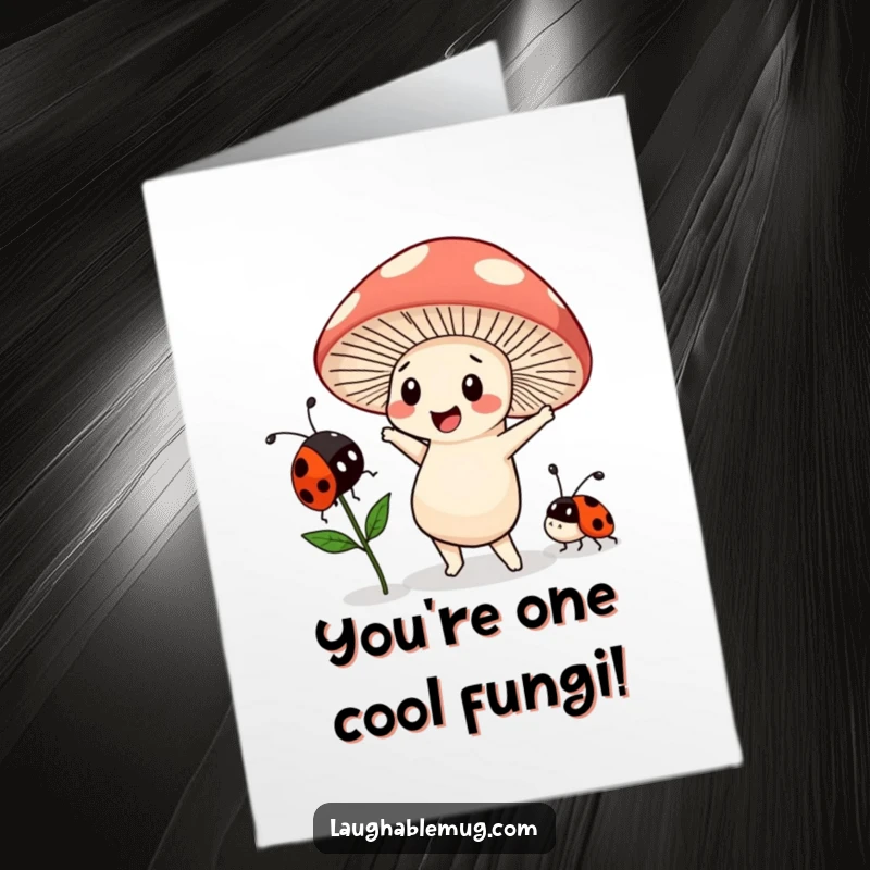 Funny free printable congratulations card: A giddy Kawaii mushroom character dancing wildly, while a bewildered ladybug looks on, celebrating a quirky win.