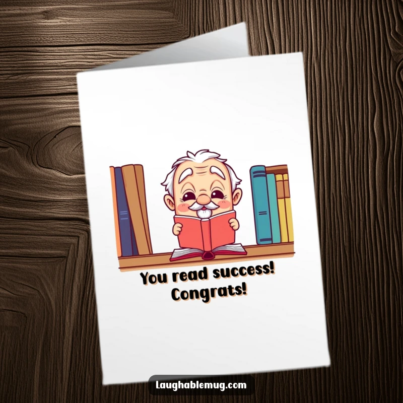 Funny Free Printable Congratulations Card: Wise book winks and leaps off shelf, celebrating success, a unique downloadable gift.