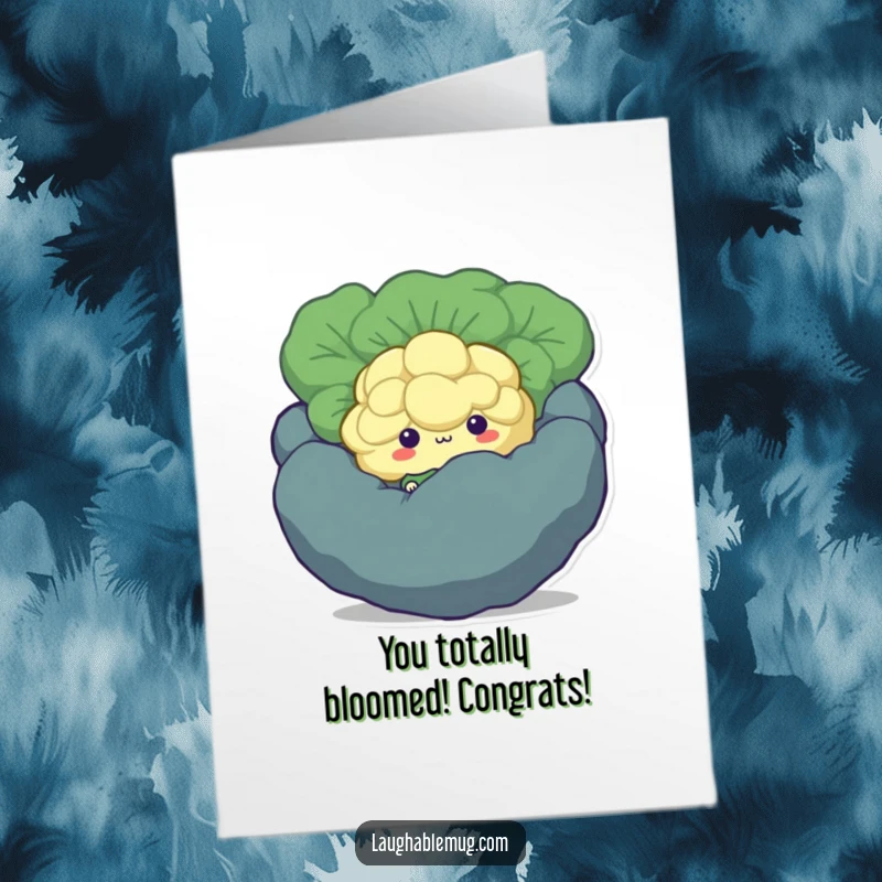 Funny Free Printable Congratulations Card depicting a shy broccoli floret hiding, offering a sweet and humorous message for their achievements.
