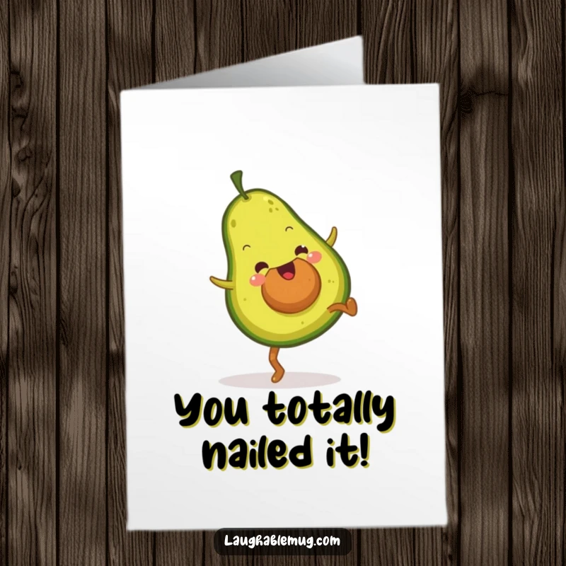 Funny Free Printable Congratulations Card: A fuzzy avocado mid-cartwheel, celebrating achievements with energetic, cartoonish flair.