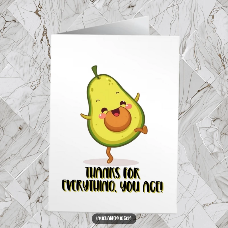Funny Free Printable Thank You Card: A fuzzy avocado performing a cartwheel, expressing gratitude with energetic, quirky charm.