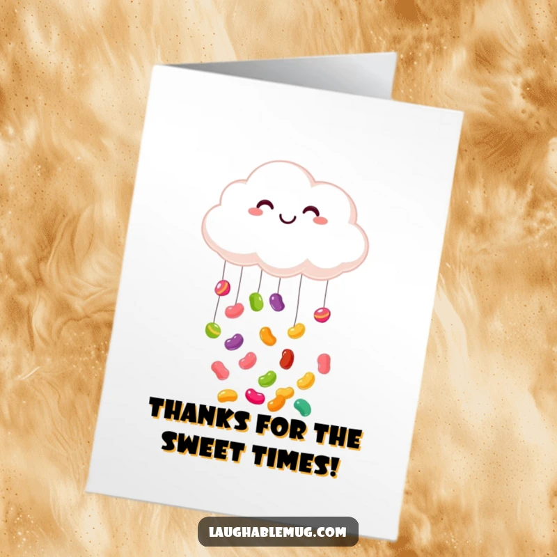 Funny Free Printable Thank You Card: A smiling cloud raining colorful jelly beans, expressing cheerful gratitude.