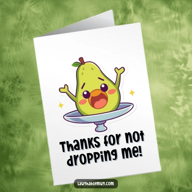 Funny Free Printable Thank You Card featuring a surprised avocado character mid-fall from a spinning plate.