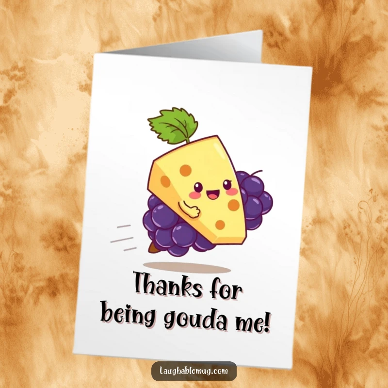 Funny Free Printable Thank You Card: A cheese slice hilariously rides a runaway grape, expressing thanks, a delightful downloadable gift.