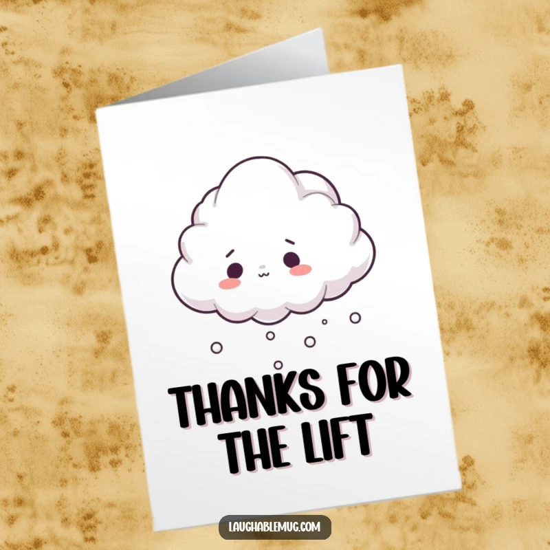 Funny free printable thank you card of a surprised cloud tripping over mist, expressing gratitude with humor.