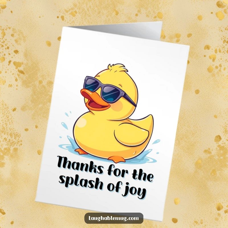 Funny Free Printable Thank You Card: Happy rubber ducky with sunglasses splashing, playful thanks, downloadable art.