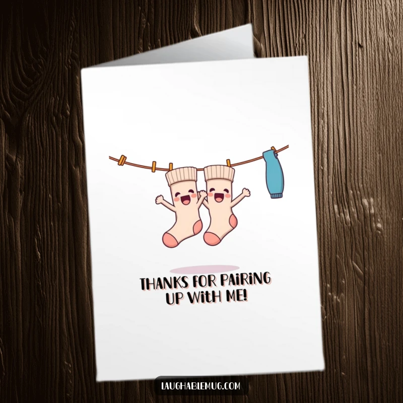 Funny free printable thank you card with happy dancing socks on a clothesline, a fun downloadable art piece.