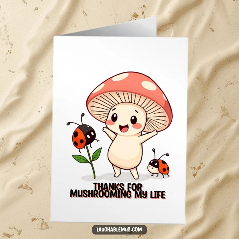 Funny free printable thank you card: A Kawaii mushroom character doing a goofy dance, confusing a ladybug, as a way to say thanks.