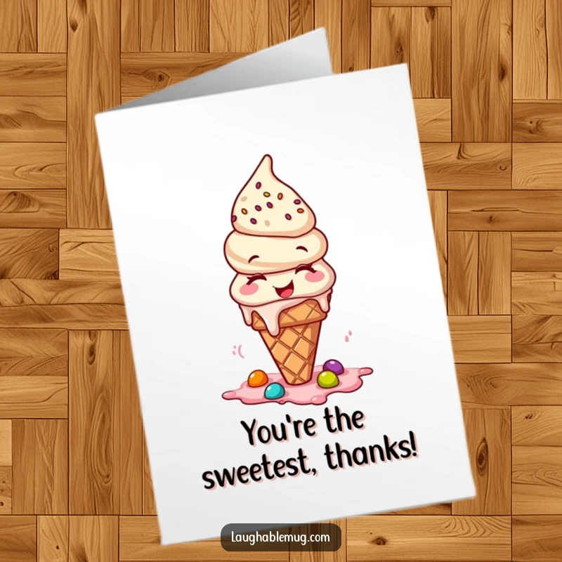 Funny Free Printable Thank You Card: A giggling ice cream cone joyfully spilling its colorful toppings.
