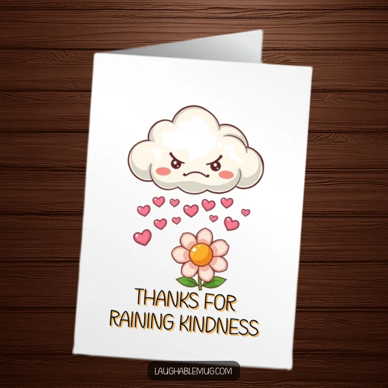 Free Printable Thank You Card: A grumpy cloud raining tiny smiling hearts onto a flower conveys a heartfelt thank you, proving love can come from anywhere.