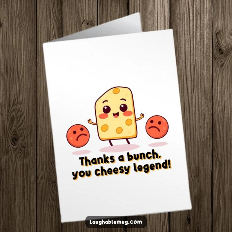Funny Free Printable thank you card with a cheese slice character juggling meatballs, expressing thanks with humor and delight.